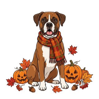 a brown and white dog sitting next to pumpkins Halloween Boxer Dog white