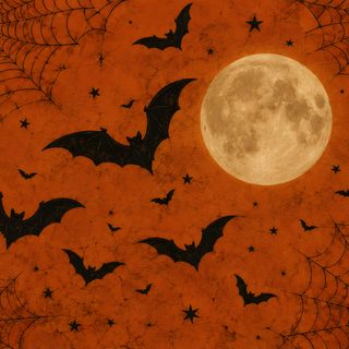 bats flying in front of a full moon with spider webs on the bottom and orange background Halloween Bat Silhouettes Retro Bats Halloween, Vintage Halloween, Bat Aesthetic, saddle brown