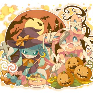 some cartoon characters with pumpkins in front of them Eevee Evolutions Halloween Halloween Vaporeon, Ghost Type Pokemon, Ghost Type, Pokemon Eeveelutions, khaki