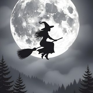 a black and white image of a witch flying in front of the moon Halloween Witch For Bedroom Witches, Eevee, Happy Halloween Pictures, Witch, Digital Art Gallery, dim gray