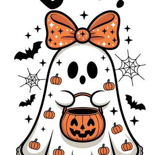 a halloween ghost with a bow on its head and pumpkins around it's neck Cute Halloween Boo Halloween Images Cute, Cute Happy Halloween Images, Kawaii Ghost, white