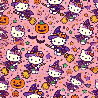 hello kitty halloween wallpaper with pumpkins, cats and witches on pink background for walls Purple Hello Kitty Halloween Of Hello Kitty Halloween, Hello Kitty Halloween Phone, Hello Kitty Halloween, light pink