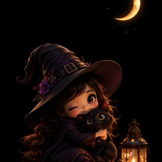 Cute chibi witch girl hugging a black cat beside a glowing lantern under a crescent moon on a dark fantasy background. Halloween Cute Girl Green Witch, Girls Cuddling, Witch Girl, Cute Black Cats, Magic Spells, Witch Hat,