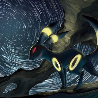 two black cats standing next to each other in front of a star filled night sky Umbreon Halloween 1920x1080 Dark Eeveelution, Nighttime Pokemon Scene, Pokemon Fan Art Inspiration, dark slate gray