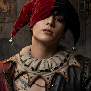 a man with tattoos wearing a red hat and leather jacket, standing in front of a wall Jungkook Halloween King Jungkook, Jungkook Prince, Jungkook Angel, Jungkook Spiderman, Jungkook Mafia, black