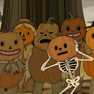a group of cartoon pumpkins standing next to each other in front of a tree Halloween Over The Garden Wall saddle brown