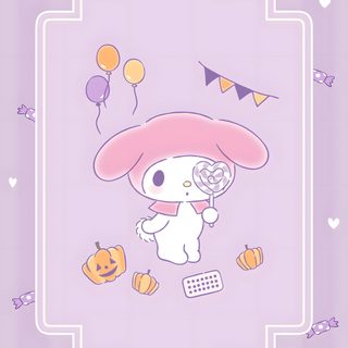 an animal with a pink hat and some balloons My Melody Halloween My Melody Halloween, My Melody Halloween Background, My Melody Purple, thistle