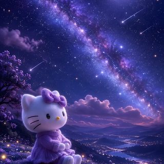 a hello kitty sitting on top of a hill under a night sky filled with stars Purple Hello Kitty Halloween midnight blue