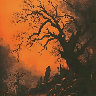 an image of a painting that looks like it is in the middle of a forest Vintage Halloween Orange Orange Horror Background, Old Halloween Background, Vintage Spooky Background, saddle brown