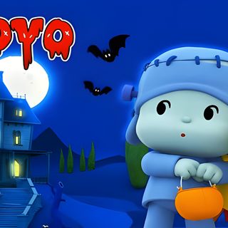 a cartoon character holding onto another character in front of a creepy house Pocoyo Halloween dark blue