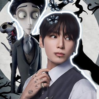 a woman with tattoos standing next to a creepy man Jungkook Halloween dim gray