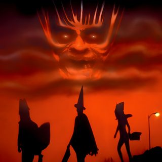 the poster for halloween ii season of the witch, which features three silhouettes in front of an orange sky Halloween 3 Season Of The Witch Season Of The Witch Poster, Halloween 5 Movie, Season Of The Witch Movie, maroon