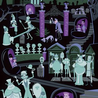 an image of halloween scene with people in the cemetery and ghost on the street at night Haunted Mansion Halloween Haunted Mansion Ride Card, Haunted Mansion Art, Shag Disney Art, dark slate gray