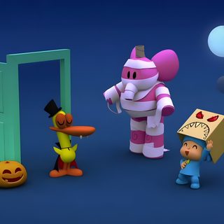 some cartoon characters are standing in front of an open door and looking at the pumpkin Pocoyo Halloween Pocoyo Easter, Pocoyo Holidays, Halloween Cartoon Episode, Pocoyo Scared, midnight blue