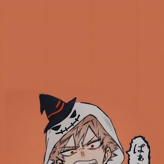 a drawing of a person wearing a hat and holding something in his hand with an orange background Bakugou Halloween Mha Phone Bakugou, Bakugo Katsuki Fanart Cute, Funny Anime Pics, Cool Anime, indian red