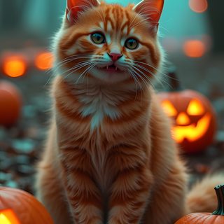 an orange cat sitting next to pumpkins in the woods with glowing eyes and ears Orange Cat Halloween Cute Pumpkin Cats, Halloween Cat Orange, Pumpkin Patch With Cats, dark olive green