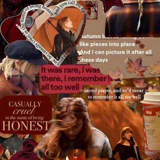 the collage shows many different pictures and words on each page, including an image of a Aesthetic Taylor Swift Halloween Fall Background, All Is Well, Taylor Swift, saddle brown