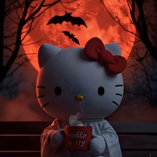 a hello kitty sitting on a bench holding a cup in front of the full moon Halloween Hello Kitty 3d Hello Kitty Scream, Hello Kitty Pictures, Strawberry Shortcake, black