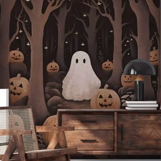 a halloween scene with pumpkins and ghost in the woods wallpaper mural print on a living room wall Halloween Ghost For Bedroom Ghost Mural, Haunted Cat, Halloween For Walls, For Black Cat Room, dark slate gray