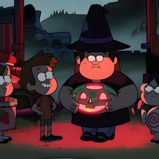 cartoon characters standing in front of a red light with an evil witch holding a glowing pumpkin Disney Channel Halloween Gravity Falls Halloween, Halloween Shows, Gravity Falls Computer, black