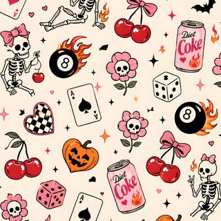 a pattern with skulls, dices and hearts on it Halloween Cherry linen