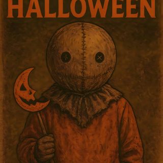 a drawing of a scarecrow holding a jack - o - lantern in his hand Halloween Sam Slayer Band, Horror Movie Fan, Horror Movie Characters, Horror Movie Posters, saddle brown