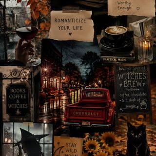 a collage of halloween cards with black cats and pumpkins in the background on display Vintage Halloween Collage Halloween, black