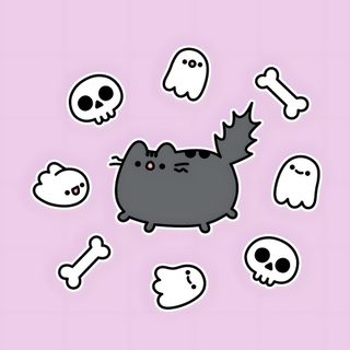 a black cat is surrounded by skulls and bones on a pink background with the words hello kitty written below it Halloween Kitty Lilac Custom gainsboro