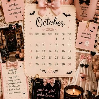 a table topped with lots of pictures and candles next to a calendar on top of a table Pink Halloween Collage Pink Aesthetic, Iphone, Halloween, Pink, dark salmon