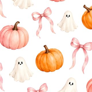 watercolor halloween pumpkins with pink bows and ghost faces on white background, seamless Cute Halloween white