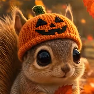 a squirrel wearing a knitted pumpkin hat and holding an acorn in its paws Squirrel Halloween saddle brown