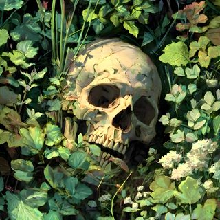 a painting of a skull in the middle of some leaves and plants with green foliage around it Halloween Plant Creepy Landscapes Art, Green Halloween Aesthetic, Dark Academia Green Aesthetic, dark slate gray