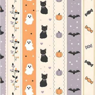 halloween themed wallpaper with cats, bats and pumpkins on the striped line background Halloween Cat Stripes Pattern Halloween, Halloween Wallapers Aesthetics, Patterns Halloween, beige