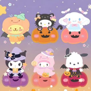 some cute little animals sitting on top of pumpkins and bats in the night sky Kawaii Sanrio Halloween dark gray