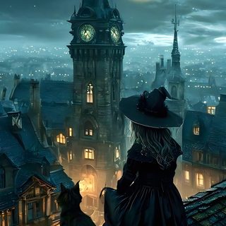 a woman sitting on top of a roof next to a cat looking at the moon Gothic Halloween Witch City Witch, Witch City, Halloween Witch Aesthetic, dark slate gray