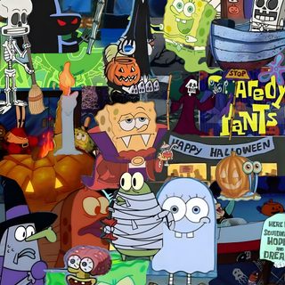 an image of many different cartoon characters in the same photo, all with pumpkins on them Spongebob Squarepants Halloween Spongebob Theme Pumpkin, Spooky Spongebob, Spongebob Halloween, dim gray