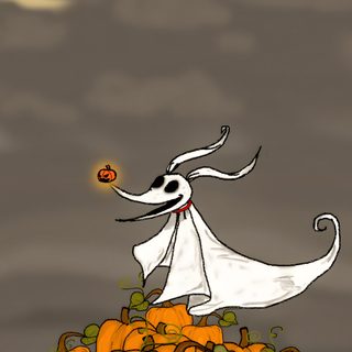 a drawing of a dog dressed as a ghost on top of a pile of pumpkins Zero Halloween Jack Skellington Dog, Nightmare Before Christmas Pictures, Zero Nightmare Before Christmas, dim gray