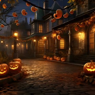 halloween pumpkins on the cobblestones in front of an old house at night Halloween Town 4k Haunted Village, Haunted Village Background Hd, Spooky Halloween Village At Night, black