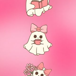 three little white dogs with pink bows on their heads, one holding a flower and the other reading a book Aesthetic Pastel Pink Halloween light pink