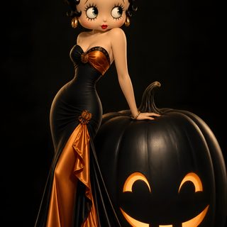 a woman in a black and gold dress sitting on a pumpkin with her eyes closed Betty Boop Halloween black