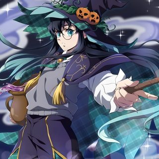 an anime character dressed as a witch holding a broom Halloween Muichiro Muichiro Halloween Pfp, Muichiro Halloween, Halloween Muichiro Pfp, dark slate gray