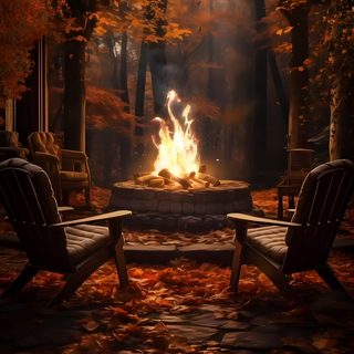 two chairs sitting in front of a fire pit surrounded by fall foliage and trees with orange leaves on the ground Halloween Fireplace Autumn Campfire Scene, Fall Gif, Autumn Campfire, Cozy Autumn Night, Cozy Fall Fire, black