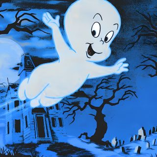 an animated ghost flying over a graveyard with spooky trees and houses in the background Casper Halloween Casper The Ghost Pfp, Blue Halloween Images, Blue Ghosts, Ghost Cartoon Aesthetic,