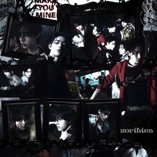 an advertisement for the movie desirie univered with images of people and bats Enhypen Halloween Kpop Demon Hunters, Enhypen Dark Blood Font, Enhypen Halloween, Enhypen Maknae Line, black