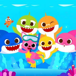 a group of cartoon sharks swimming in the ocean with corals and fish around them Baby Shark Halloween Diy Shark Costume, Baby Shark Do Do Do Do Do, Baby Shark Do Do, deep sky blue