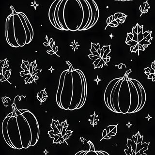 a black and white drawing of pumpkins with leaves on the ground in front of them Halloween Chalkboard black