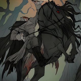 a drawing of a man riding on the back of a horse with a pumpkin in it's mouth Halloween Headless Horseman Horror-themed Tarot Inspiration, The Headless Horseman Fanart, Sleepy Hollow Illustration, dark slate gray