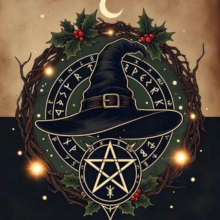 a witches hat with stars and holly wreaths on it, surrounded by lights in the background Halloween Celtic Pagan Yule, Yule Iphone, Christmas Witchy, Winter Witchy, Yule Screensaver, dark slate gray