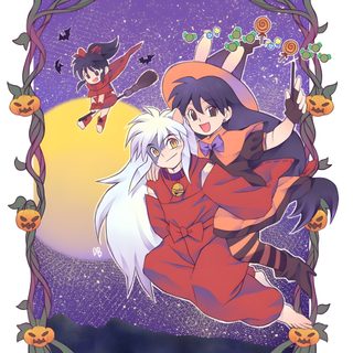 two anime characters in front of a full moon with pumpkins on the ground behind them Inuyasha Halloween Inuyasha Pumpkin Carving, Ranma 12 Halloween, Akira Inuyasha, Inuyasha Witch, rosy brown