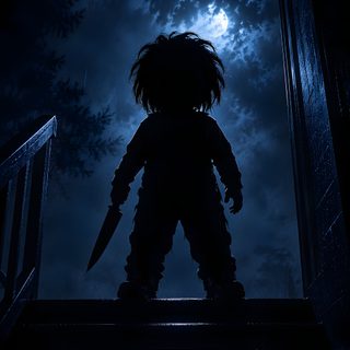 a creepy doll standing on the steps in front of a full moon Halloween Scary Chucky black